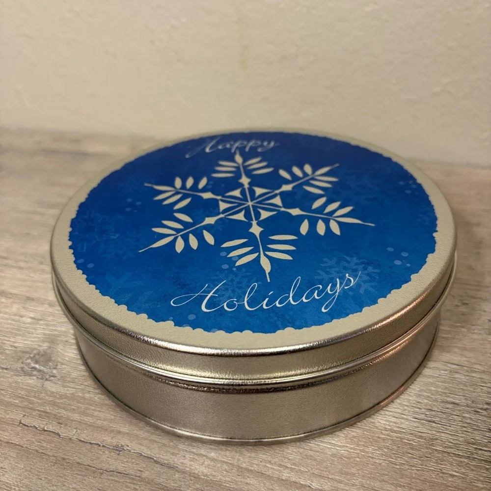 Vintage Holiday Cookie Tins Set of 2 Figis French Horn & Wheelers Snowflake Blue